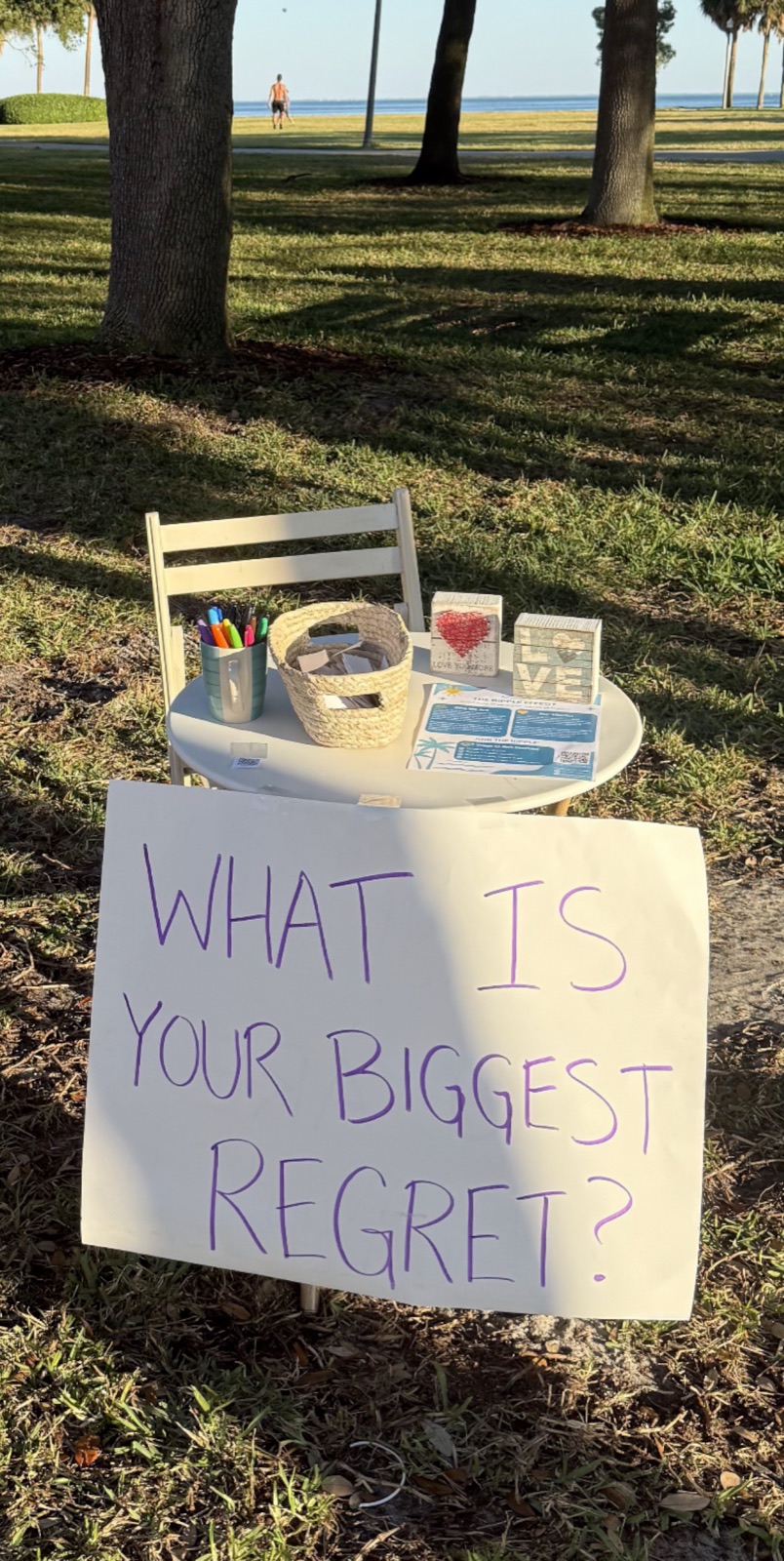 A community installation in a park asking: What is your biggest regret?