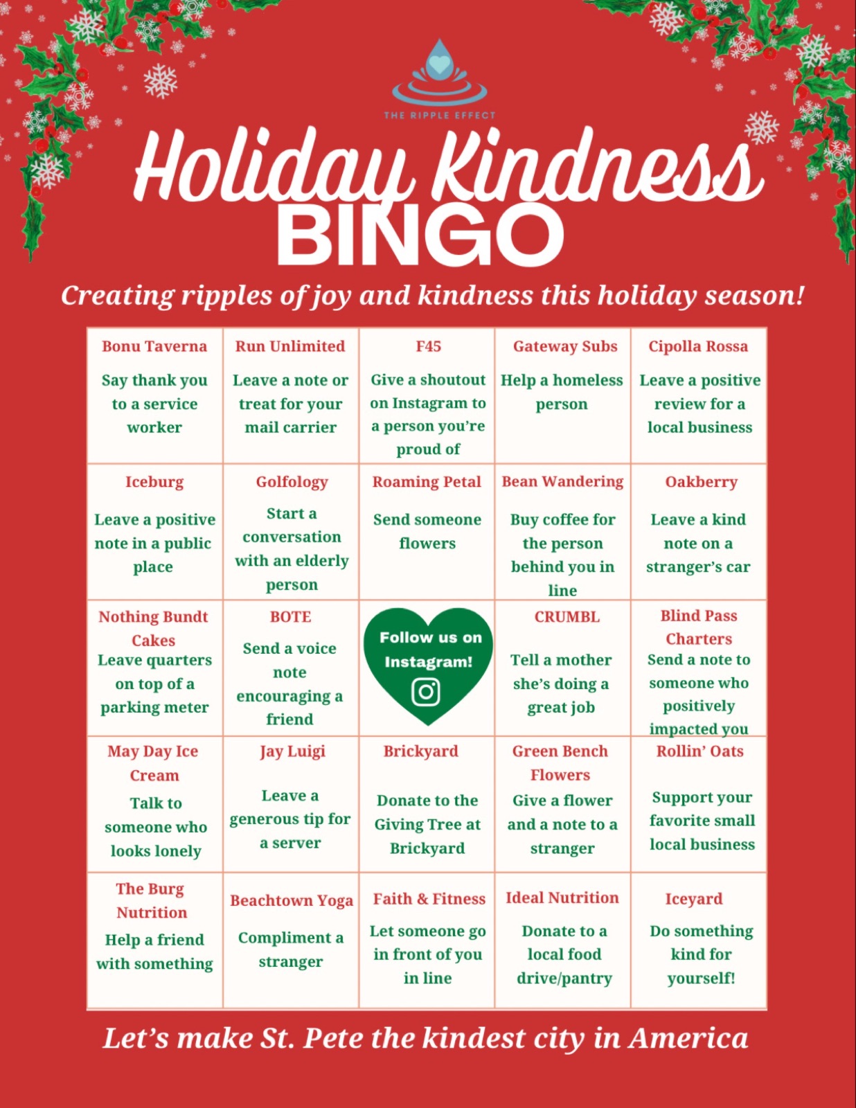 Holiday Kindness Bingo card with 25 St. Pete businesses